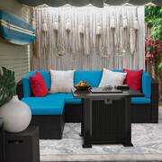 6-Piece Wicker Patio Conversation Set with 40,000 BTU Propane Fire Pit Table, Sectional Set with Blue Cushions