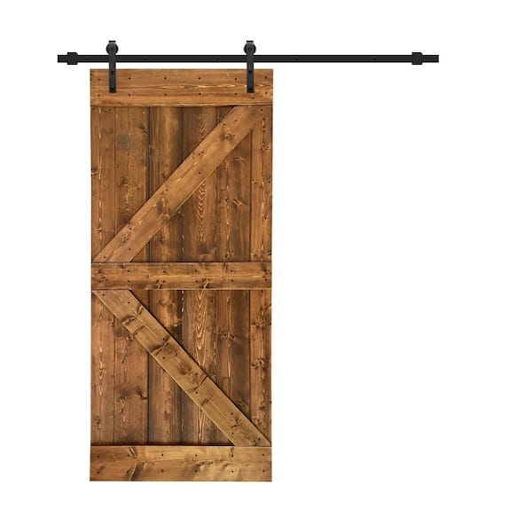 CALHOME K Series 30 in. x 84 in. Walnut Solid Knotty Pine Wood Interior Sliding Barn Door with Sliding Hardware Kit
