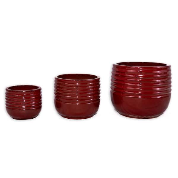 William 6.69 in. 9.06 in. and 12.01 in. Tall Bean Paste Red Round Ceramic Patio Outdoor Planter Set (3-Pack)