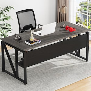 Moronia 62.9 in. Rectangular Gray and Black Engineered Wood Computer Desk with Storage Shelf