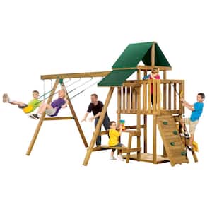 Varsity Starter Wood Outdoor Playset for Children with Slide, Climbing Wall, Swings and Gym Rings