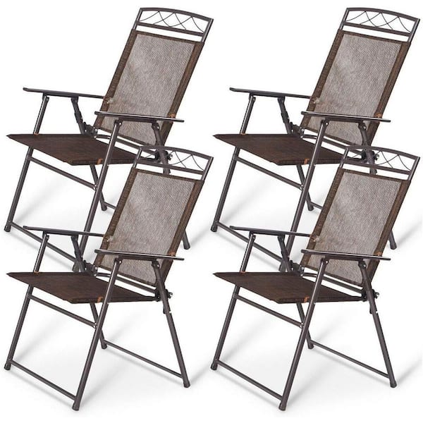 Unbranded Folding Steel Sling Outdoor Dining Chair in Brown (Set of 4)