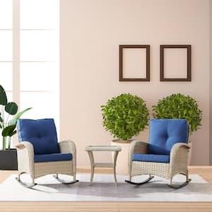 3-Piece Gray Wicker Patio Conversation Set with Blue Cushions and Coffee Table All-Weather Flat Handrail Rocking Chairs