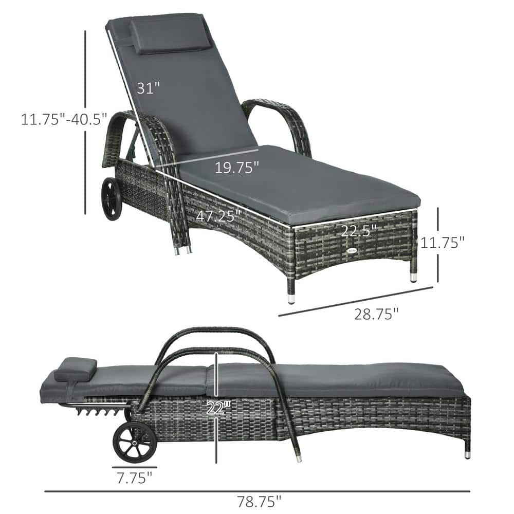 Gray Wicker Outdoor Chaise Lounge Set with Cushions and Wheels