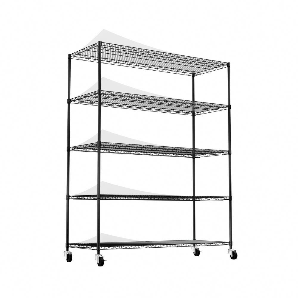 Tileon 5-Tier Heavy-Duty Adjustable Shelving and Racking, 300 Lbs. Per Wire Shelf, With Wheels and Shelf Liners in Black