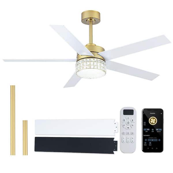 52 in. Indoor Gold Reversible Blade Crystal LED Ceiling Fan with Remote Control and Downrod Included, Two-Toned Blades