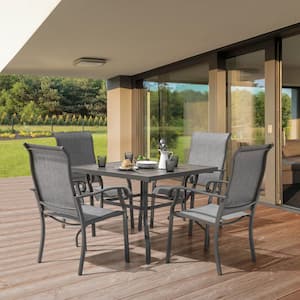 Gray 5-Piece Textilene and Iron Outdoor Dining Set 4 Textilene Chairs and 37 in. Square Dining Table with Umbrella Hole