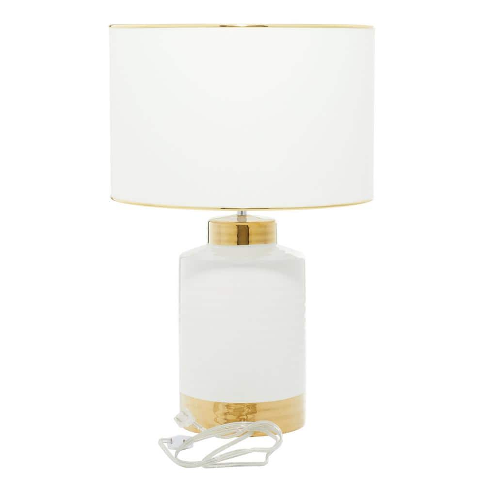 Gold Trim White Ceramic Cylindrical Nightstand Lamp