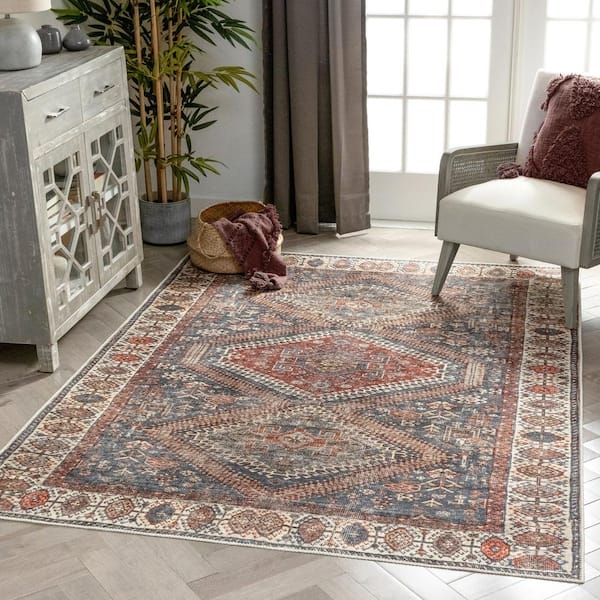 Lotus Ripon Blue Red 3 ft. 11 in. x 5 ft. 3 in. Vintage Medallion Botanical Area Rug