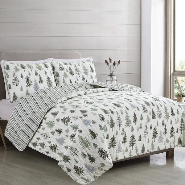 FRESHFOLDS 2-Piece Green Reversible Forest Themed Twin Microfiber Quilt Set Bedspread