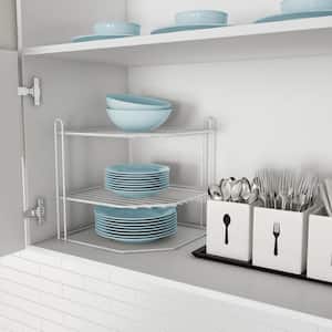 Corner Shelf with 2 Tiers - Storage Organizer for Pantry or Kitchen Cabinets (White)