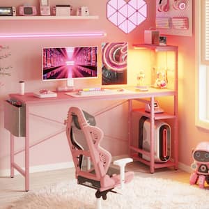 61 in. Rectangle Pink Carbon Fiber Wood LED Gaming Desk with 4-Tier Storage Shelves, Power Outlets and Storage Bag