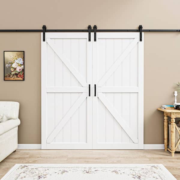 72 in. x 84 in. British K Shape White Primed MDF Pre-Drilled Easy Assembly Sliding Barn Door with Hardware Kit