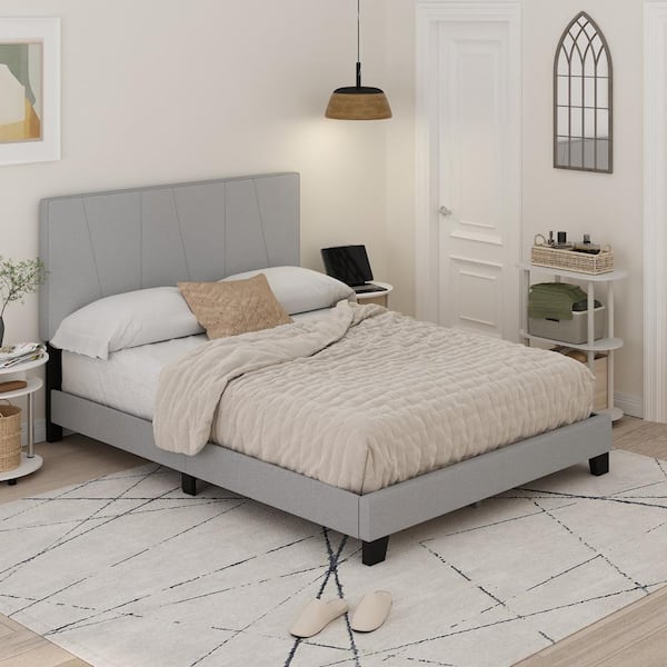 Furinno Lucy Gray Wood/Polyester Frame Queen Platform Bed with Geometric Design