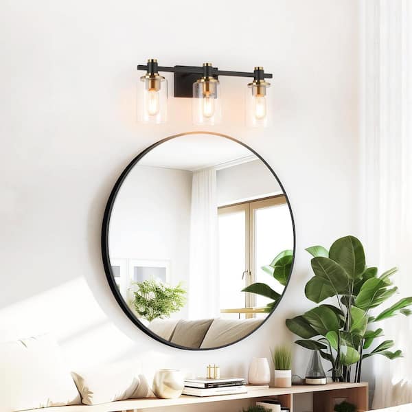 17 in. 3 Light Black and Gold Vanity Light with Clear Glass shade