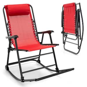 Metal Outdoor Rocking Chair Patio Camping Lightweight Folding Chair in Red with Footrest