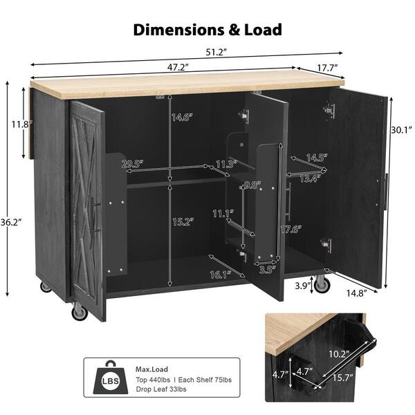 Nestfair Black Wood Base with Mdf Wood Top Rolling Kitchen Island (18.5-in x 53.1-in x 37-in)
