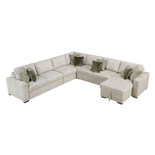 Lazzara Deleon 140 in. Straight Arm 5-Piece Microfiber Sectional Sofa with Reversible Chaise in Sand