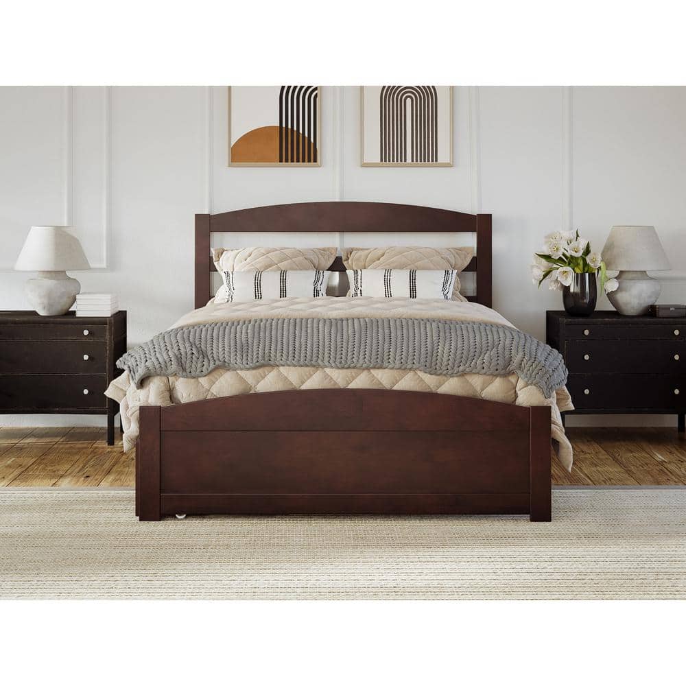 Walnut Full Platform Bed with Trundle and Slatted Headboard