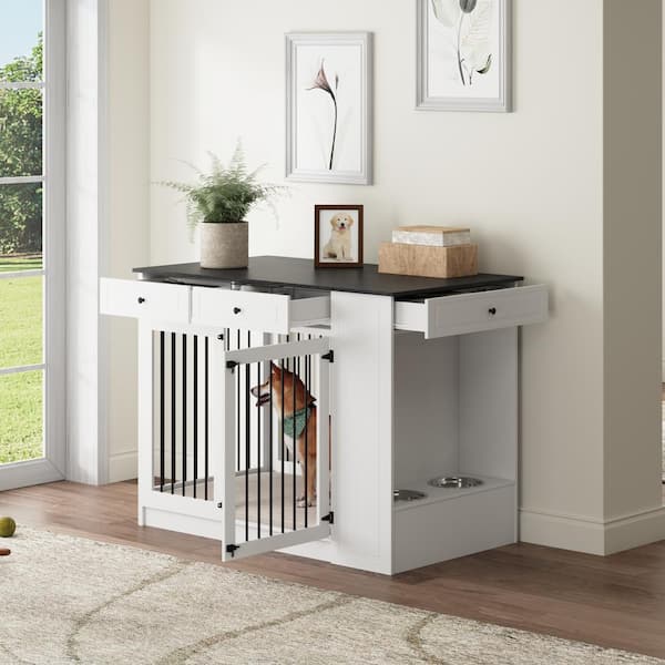FUFU&GAGA Large Dog Kennel Furniture, Indoor Pet Crate End Table Decorative Dog House Dog Cage with3 Drawers and 2 Dog Bowls,White