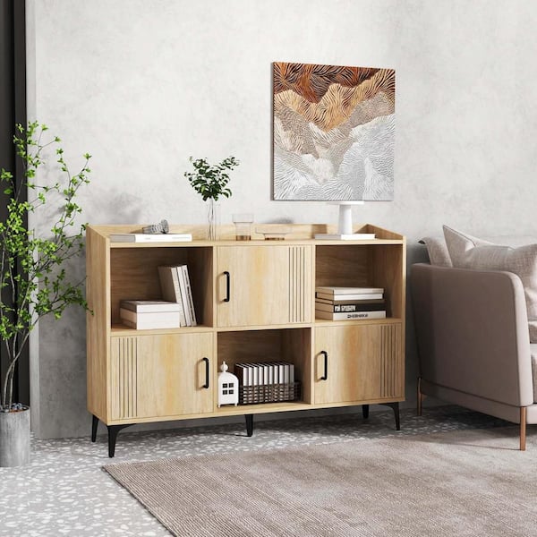 Costway Oak 32 in. H Storage Cabinet Home Large Bookcase with 3-Open Shelves and 3-Door Cabinets