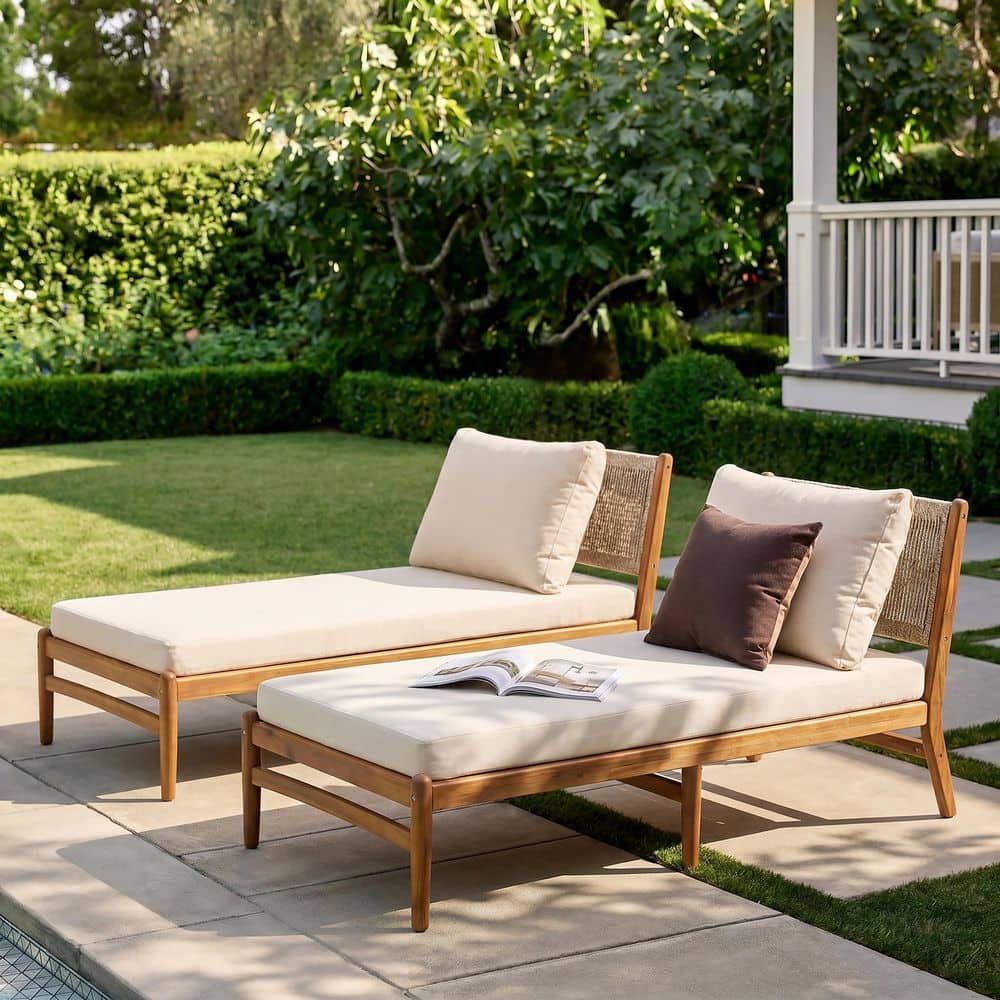 Prita Teak Solid Wood Outdoor Chaise Lounge with Rope Woven and Cream Cushions, Set of 2 price history on PriceWatchPro