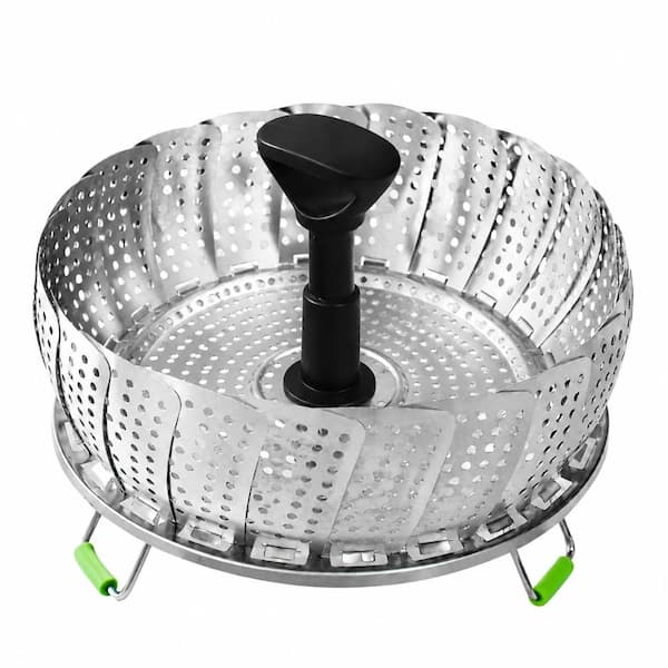 Black Stainless Steel Folding Expandable Vegetable Steamer Basket 5.5 to 9 in with Detachable Handle