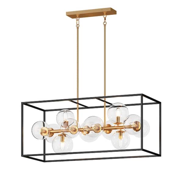 37.99 in. 12-Light Farmhouse Rectangular Chandelier Industrial Hanging Lighting with Clear Globe Glass Shade