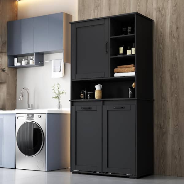 63 in. Black Freestanding Linen Cabinet with Doors, Adjustable Shelf and Tilt-Out Laundry Hamper
