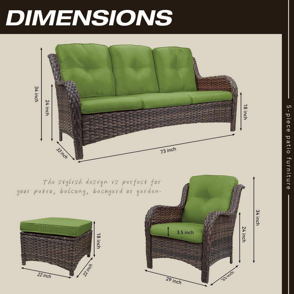 5-Piece Green Cushioned Wicker Patio Conversation Set