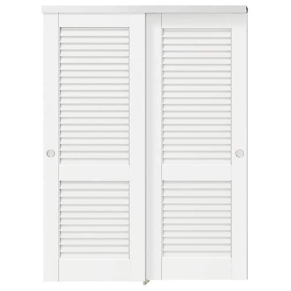 56 in. x 80 in. White, Solid Core, MDF and DIY Painted Double Louvered Panel Bypass Sliding Door with Aluminium Hardware
