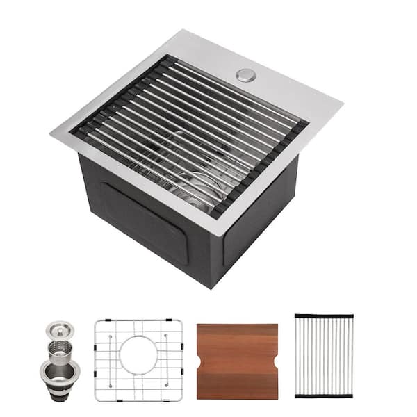 15 in. Drop in Single Bowl 18 Gauge Stainless Steel Workstation Kitchen Sink with Bottom Grid