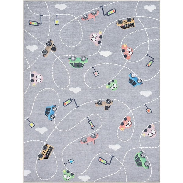 Traffic Modern Kids Grey 5 ft. x 7 ft. Machine Washable Flat-Weave Area Rug