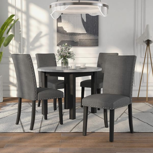 Black Faux Marble Top Dining Table Set, Gray Dining Table Set Round