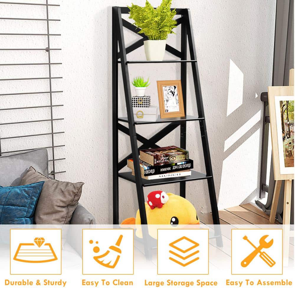 Black Solid Wood 56" 4-Tier Ladder Shelf for Kids