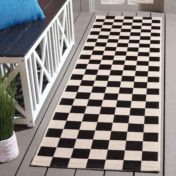 Courtyard 2 ft. x 8 ft. Black/Beige Checkered Indoor/Outdoor Runner Rug