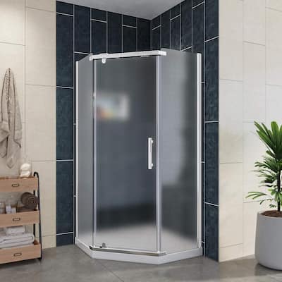 36.6 in. W x 71.8 in. H Neo Angle Pivot Semi Frameless Corner Shower Enclosure in Stainless Steel with Frosted Glass