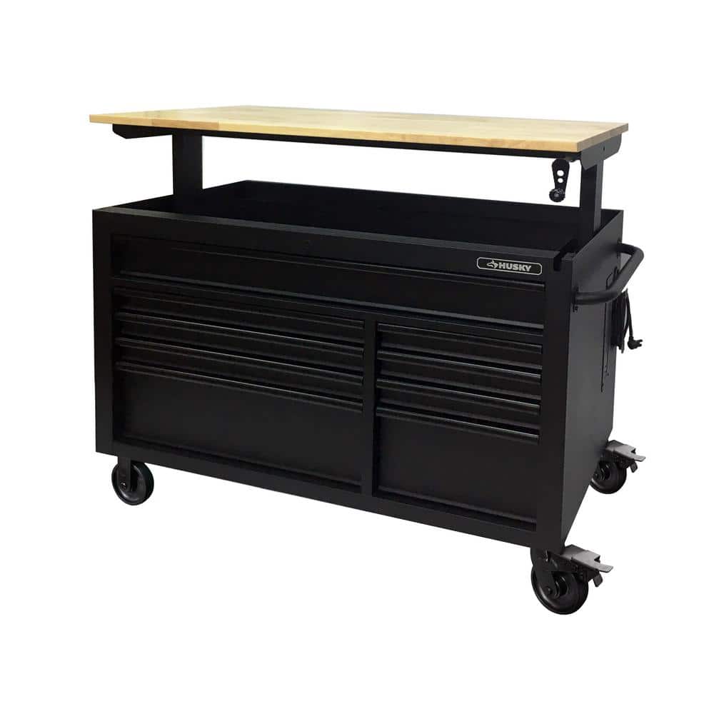 52 in. W x 25 in. D Heavy Duty 9-Drawer Mobile Workbench Cabinet with Adjustable-Height Hardwood Top in Matte Black -  Husky, HOLC5209BB1M
