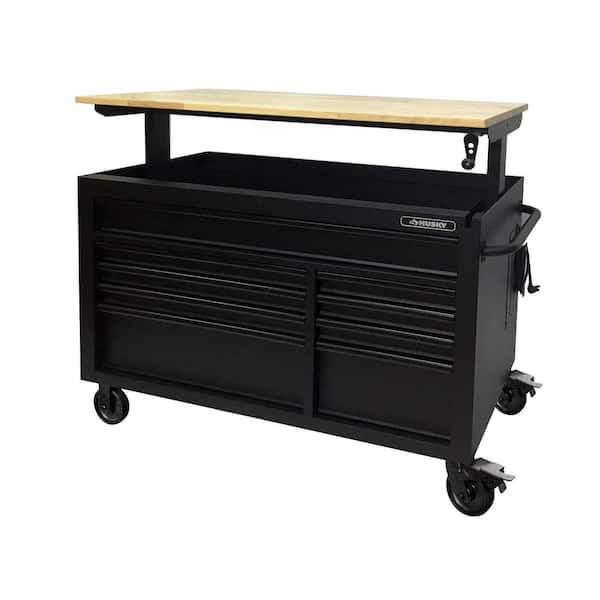 52 in. W x 25 in. D Heavy Duty 9-Drawer Mobile Workbench Cabinet with Adjustable-Height Hardwood Top in Matte Black