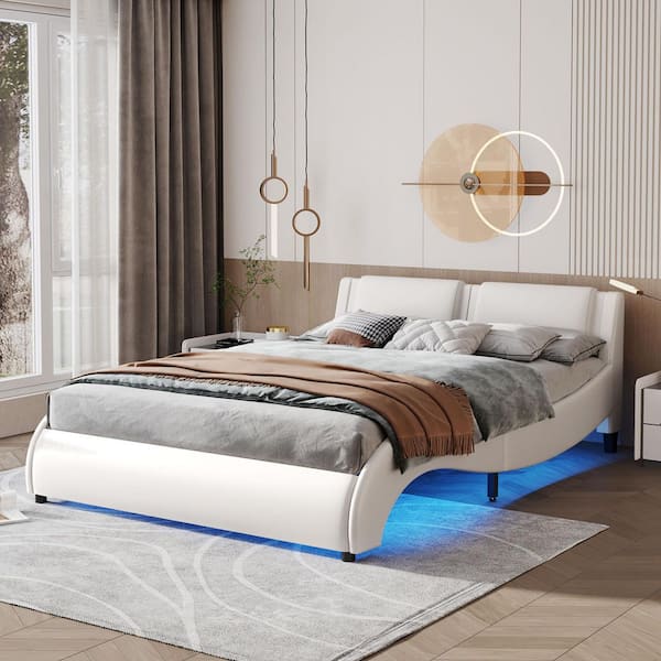 URTR White Wood Frame Queen Size Upholstered Platform Bed with LED Lights Underneath, Faux Leather Wave Like Led Bed Frame
