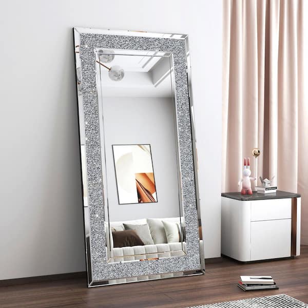 Silver 33.5 in. W x 70.9 in. H Rectangular Crushed Crystal Glass Full Length Mirror