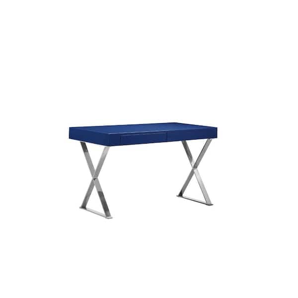 Benjara Rix 24 in. Rectangular Navy Blue Wood 2-Drawer Writing Desk with X Polished Steel Legs