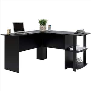 53 in. L-Shaped Black Wood Right-Angle Computer Desk with 2-Layer Bookshelves