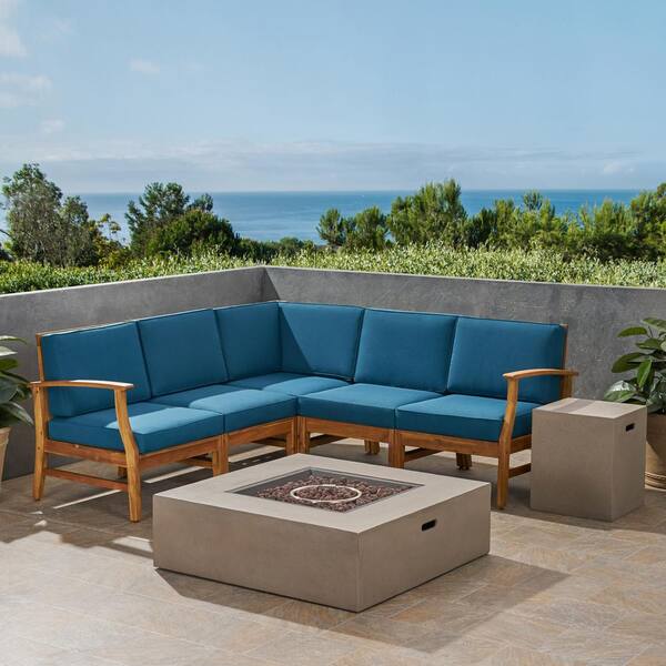 Noble House Illona Teak Brown 7-Piece Wood Outdoor Patio Fire Pit Sectional Seating Set with Blue Cushions