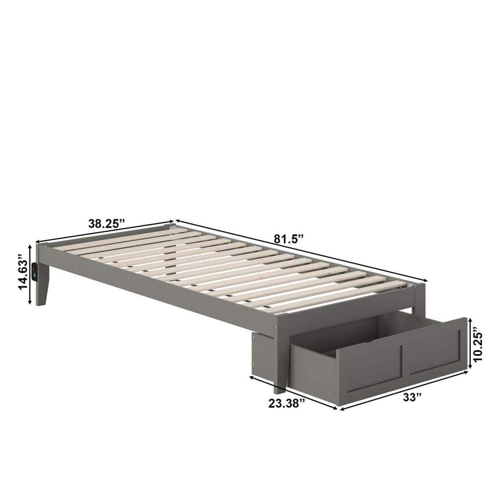 Grey Twin XL Wood Platform Bed with Storage Drawer and USB Charger