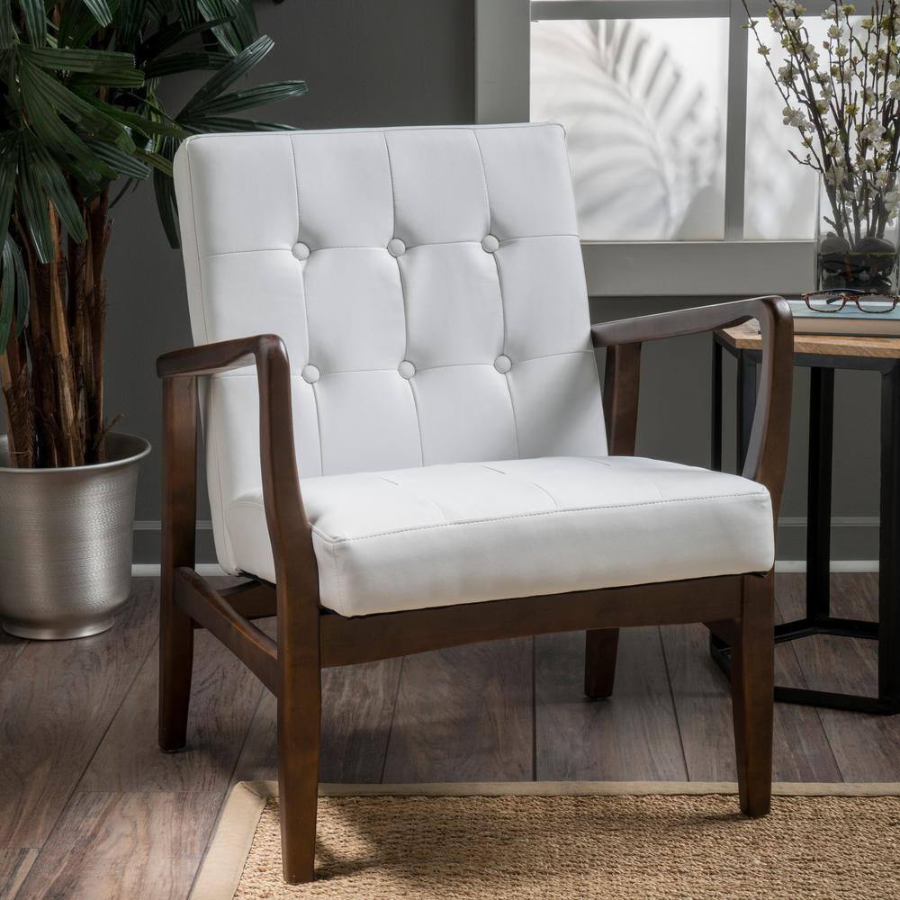 White Leather Mid Century Modern Accent Chair with Birch Legs