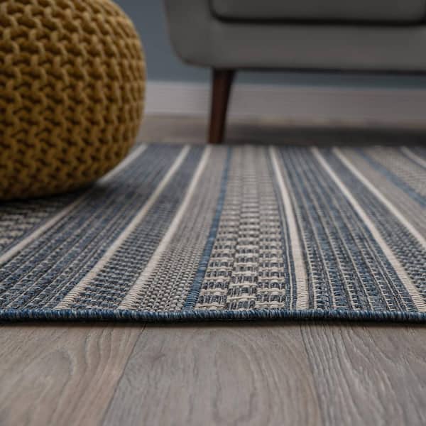 Bahama Blue 5 ft. x 7 ft. Bohemian Geometric Stripe Indoor/Outdoor Area Rug