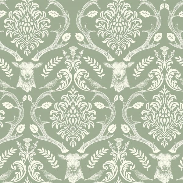 Wickham Green Stag Damask Wallpaper Sample