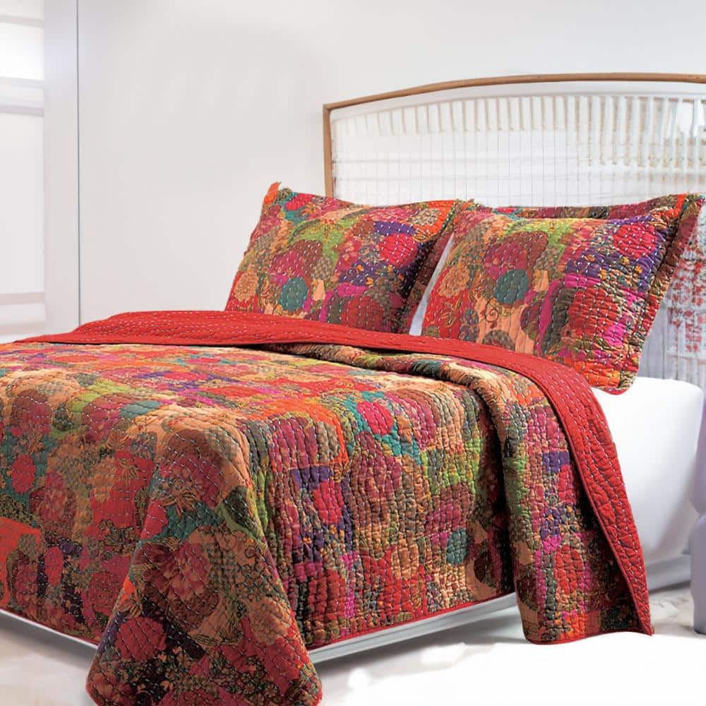 King Multicolor Microfiber Reversible Quilt Set with Shams