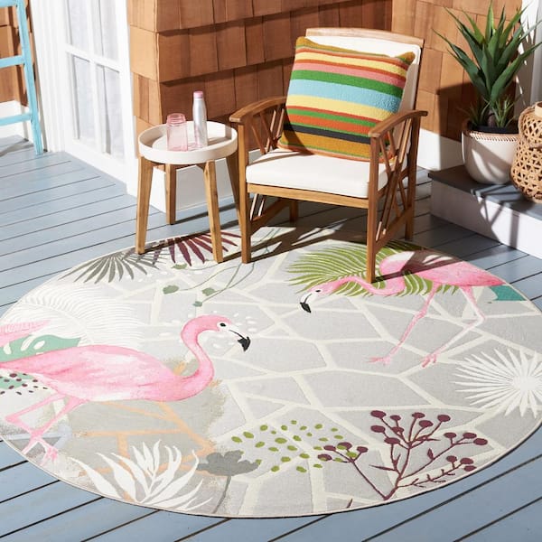 Barbados Gray/Pink 7 ft. x 7 ft. Novelty Animal Print Indoor/Outdoor Patio  Round Area Rug